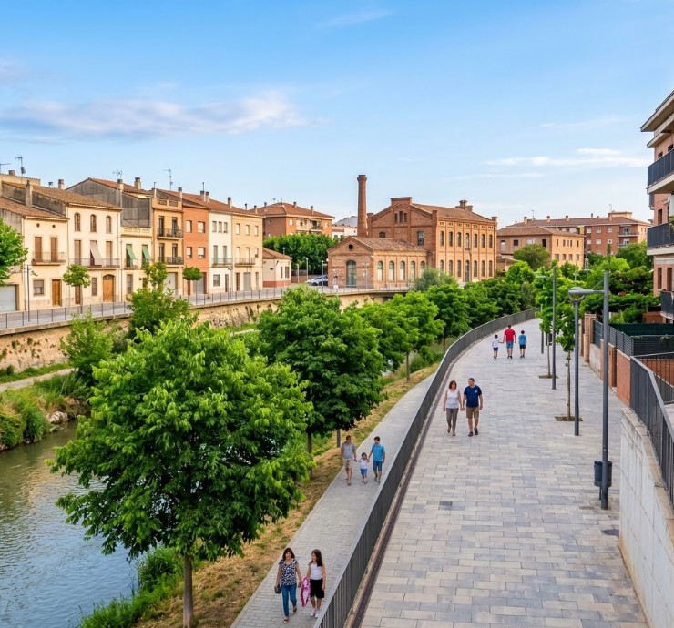 Vistas del Parc Fluvial, el río Anoia, la arquitectura y el entorno de Vilanova del Camí